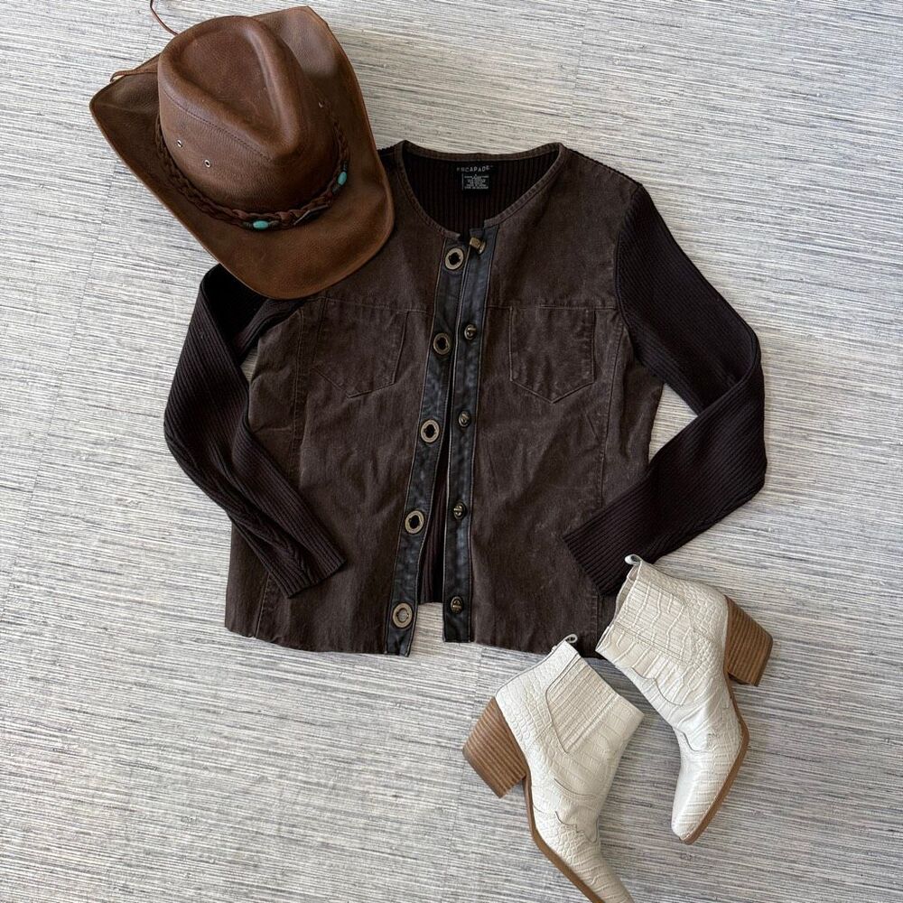 VTG Escapade Brown Suede Knit Mixed Media Jacket Grommet Buttons L F